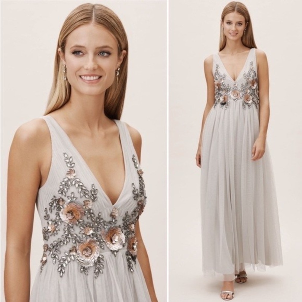 BHLDN Isabel Gray Embellished Tulle Maxi Dress 2 3D Floral Sequin Gown Wedding